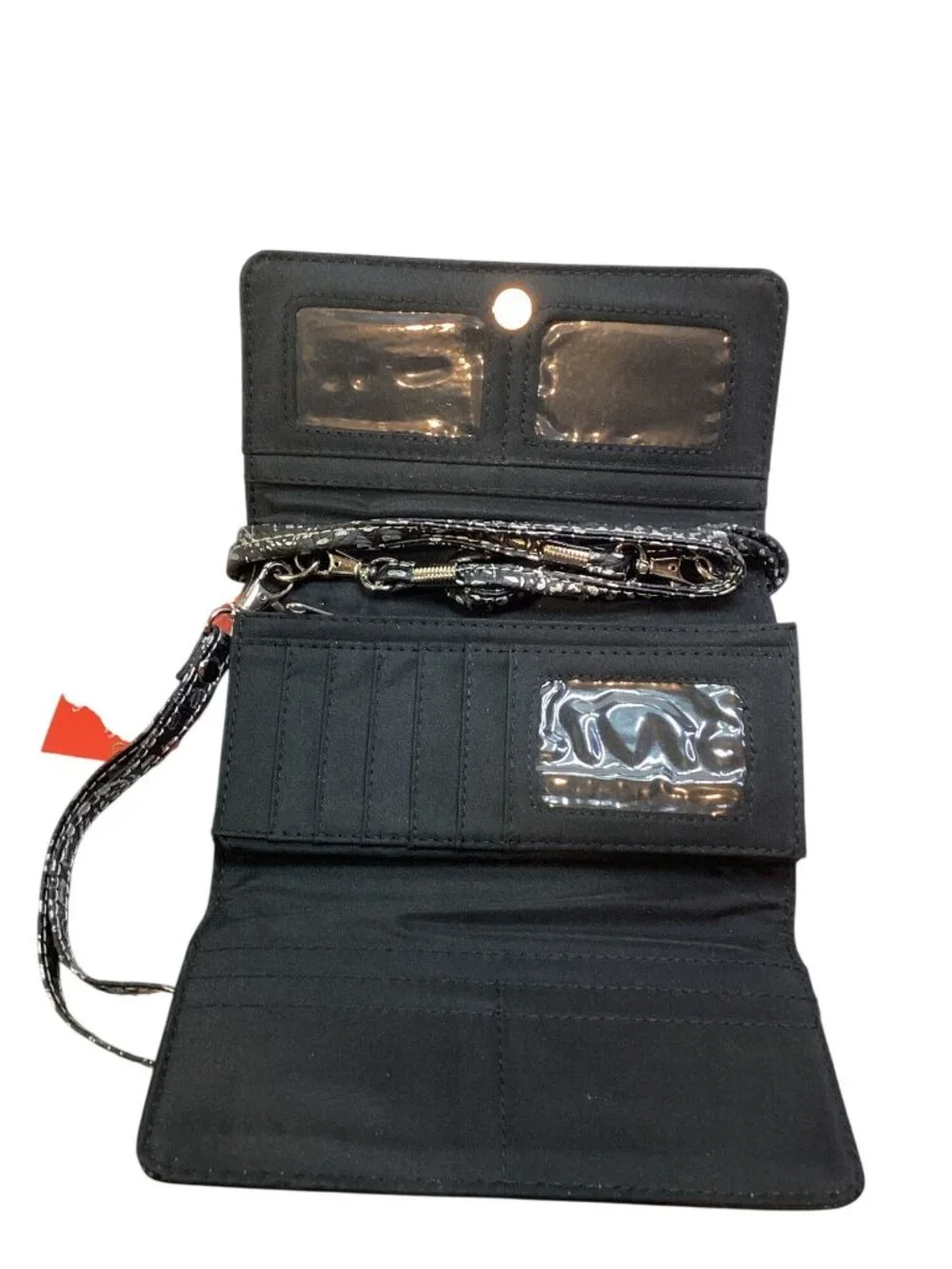 Women's Black Rose Skull Embroidered Rhinestone Tri-Fold Wallet Purse Cross Body